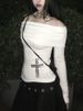 White Off-Shoulder Long Sleeve Women's Top Y2K Summer Casual Fashion Rhinestone Decorated Comfortable Sexy Tight Fitting_ecoleips.com