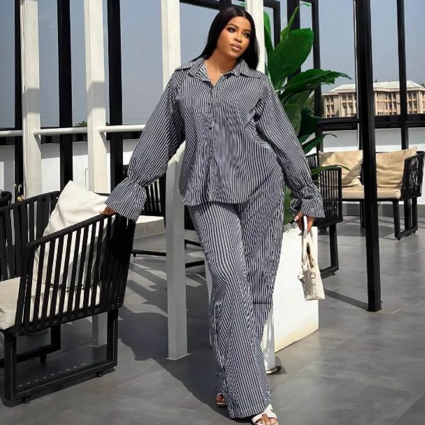 Fashion Women's Striped Button Down Long Sleeved Shirt And Wide Leg Trousers Casual Suit American Style Bell Sleeve_ecoleips.com