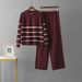 Women's Striped Semi-Zip Sweater & Pants Set - Loose Fit Casual Two-Piece Outfit For Autumn Winter Pant Sets_ecoleips.com