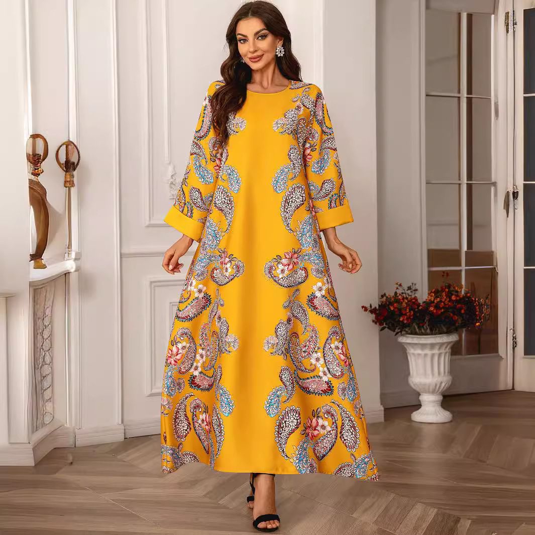 Muslim Ladies Robe Round Neck Home Dress Long Sleeve Floral Hot Diamond Beading Abaya Dress_ecoleips.com
