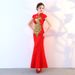 Elegant Chinese Qipao Dress With Peacock Pattern, Short Sleeve Lace Fishtail Hem, Slim-Fit Banquet & Wedding Reception Dress_ecoleips.com