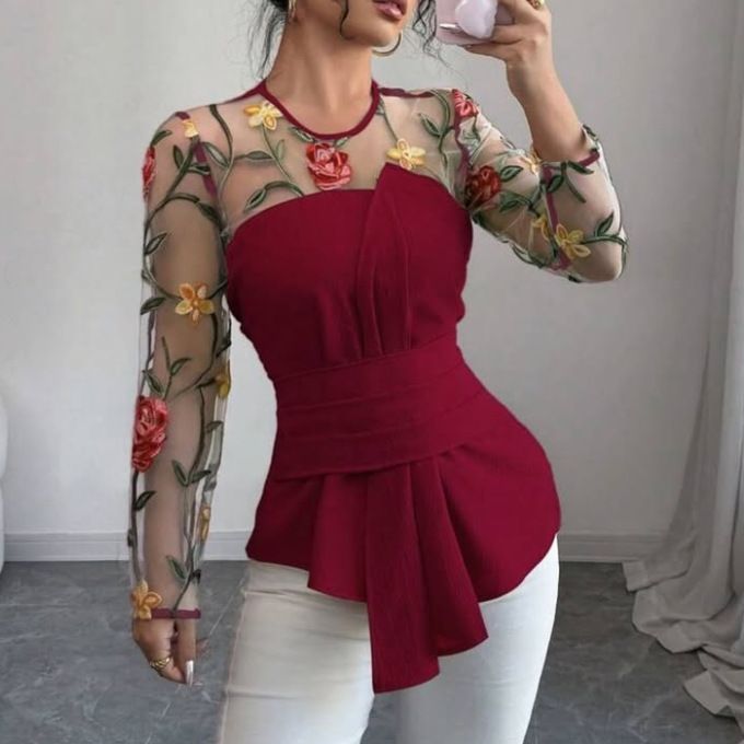 Women’s Lace Mesh Long-Sleeve Top – Elegant Embroidery & Smocked Detailing For A Chic & Feminine Look_ecoleips.com