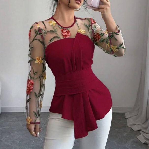Women’s Lace Mesh Long-Sleeve Top – Elegant Embroidery & Smocked Detailing For A Chic & Feminine Look_ecoleips.com
