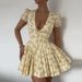 Women's Clothing Sexy Deep V Thin Waist Short Sleeve Medium Pleated Floral Dress_ecoleips.com