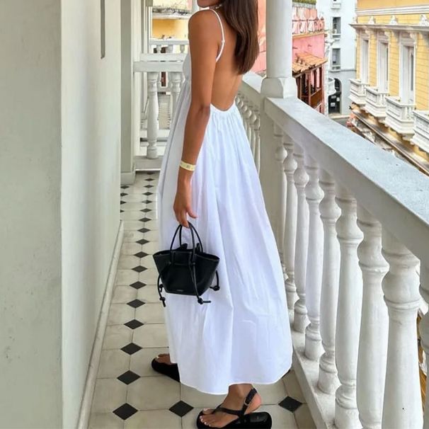 Women's Clothing Temperament Sexy Backless Sleeveless Solid Color V Neck Suspender Skirt Big Swing Dress_ecoleips.com