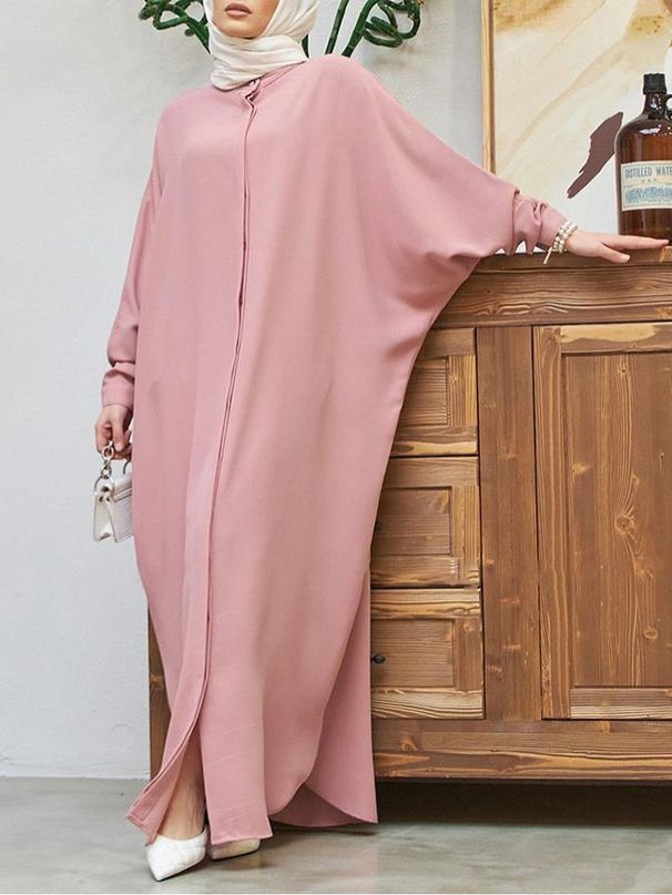 Modest Abaya Dress/Muslim Dress Women Elegant Abaya Dress With Front Zipper & Round Neck - Modest Muslim Long Dress With Batwing Sleeves_ecoleips.com