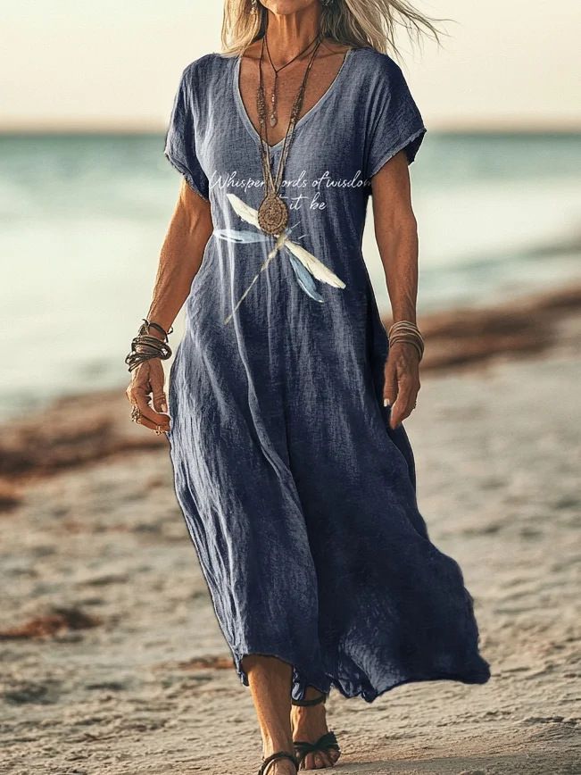 Creative Floral Women's Summer V-Neck Short Sleeve Dress, Midi Dress_ecoleips.com