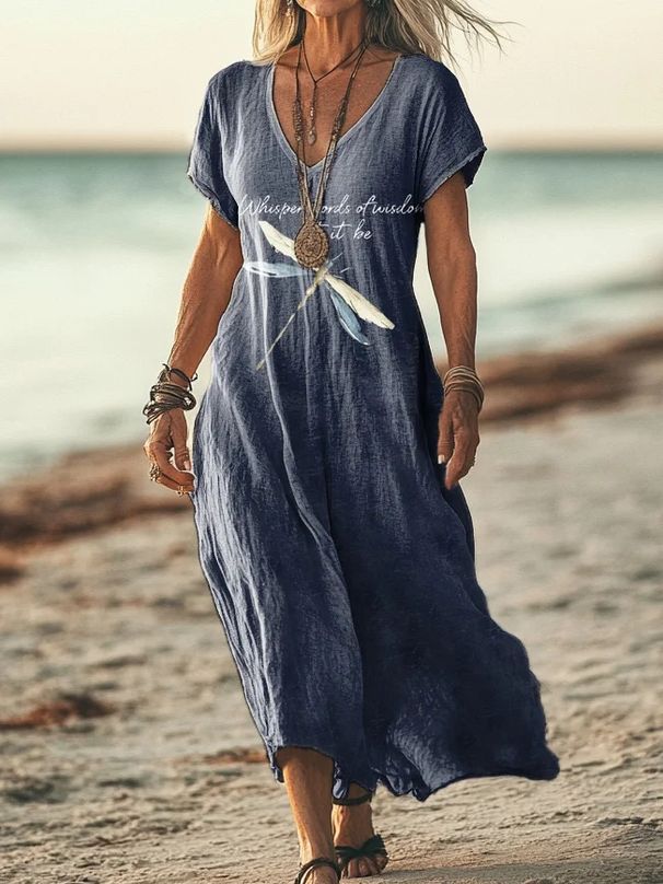 Creative Floral Women's Summer V-Neck Short Sleeve Dress, Midi Dress_ecoleips.com