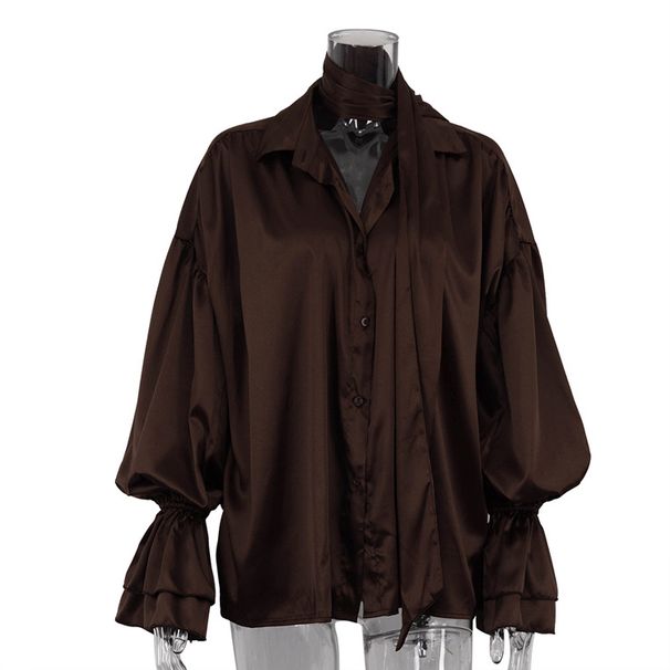 Women's Elegant Russian Style Satin Shirt Loose Fitting Lapel Top With Bell Sleeves Versatile New 2025 Design_ecoleips.com