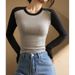 Women's High Quality Pure Cotton Long Sleeve round Neck T-Shirt Color Blocked Raglan Sleeve Base Shirt Slimming Autumn Inner Layer Popular Top_ecoleips.com