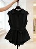 Women's Clothing Summer Light Blue Women's Elegant Pleated Sleeveless Shirt With Collar And Belted Style Cross Border E-commerce_ecoleips.com
