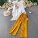 Women's French Style Printed Shirt V Neck Single Breasted Loose Chiffon Top Breathable Casual Two Piece Set_ecoleips.com