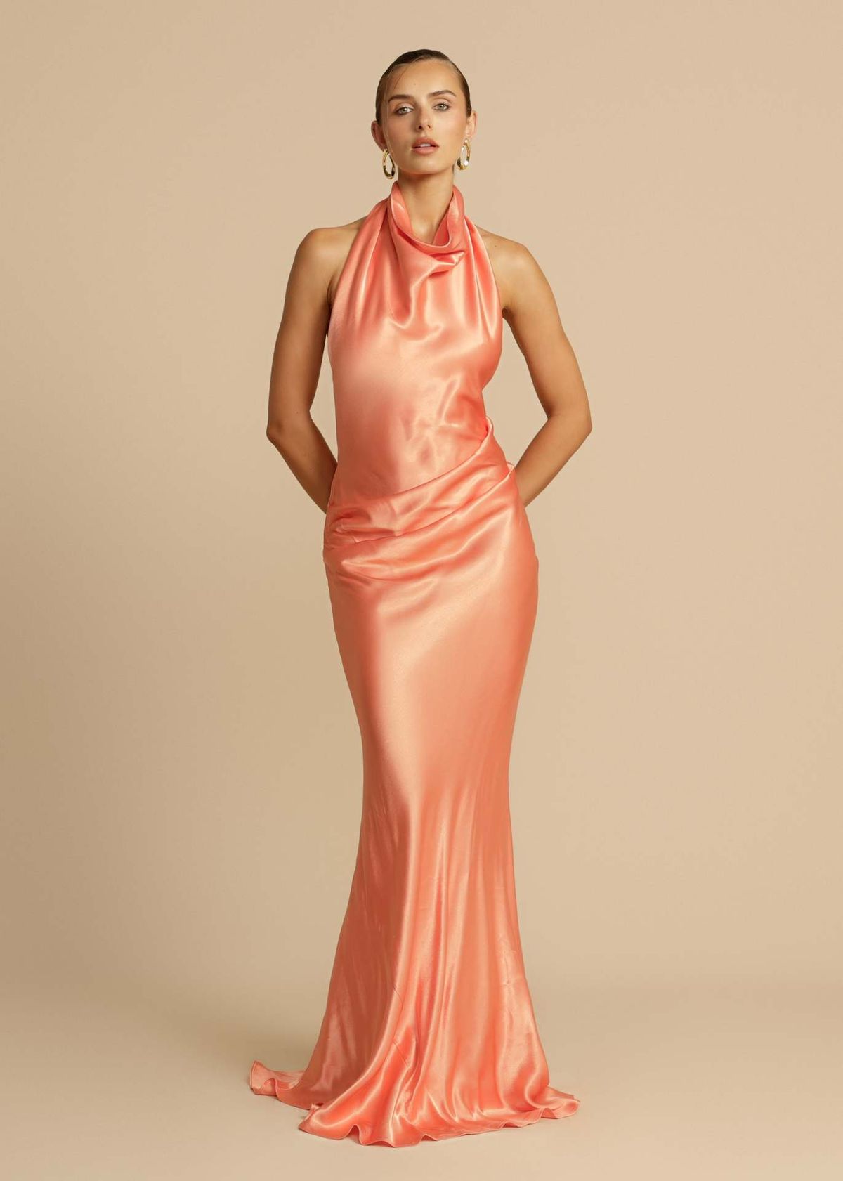 Women's Clothing Backless Slit Sexy Elegant Dress Solid Color Halter Neck Mid Length Skirt Satin New Style_ecoleips.com