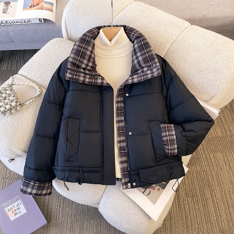 Women's Short Puffer Jacket Winter Coat With Plaid Patchwork Design, Thickened Loose Fit Hooded Parka For Cold Weather_ecoleips.com