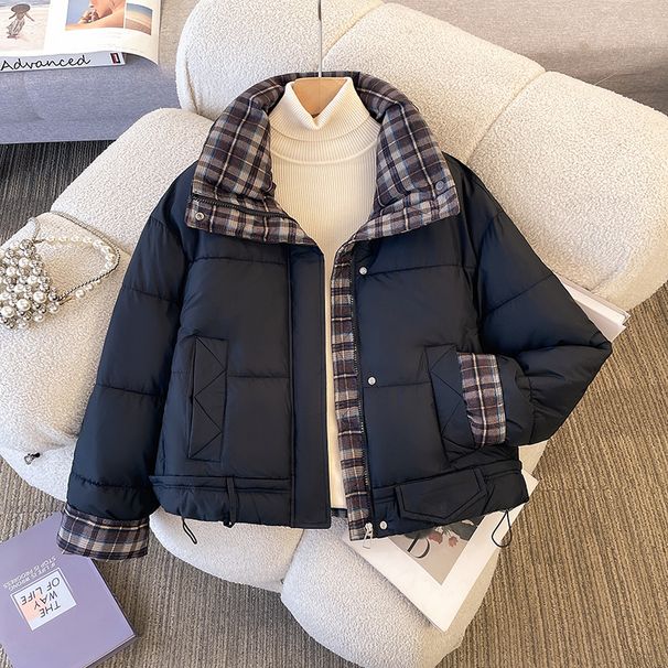 Women's Short Puffer Jacket Winter Coat With Plaid Patchwork Design, Thickened Loose Fit Hooded Parka For Cold Weather_ecoleips.com