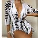 Women's Clothing Long Sleeved Mesh Belted One Piece Swimsuit High Waisted Printed Drawstring Three Piece Bikini_ecoleips.com