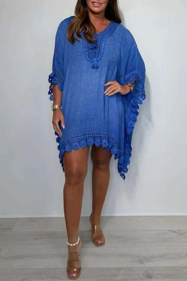 Women's Clothing Women's Bat Sleeve Hollow Edge Casual Holiday Dress_ecoleips.com