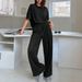Women's Shimmering Silver Sequined Casual Set Minimalist Style Two Piece Outfit with Drawstring Wide Leg Pants And Short Sleeves Black_ecoleips.com