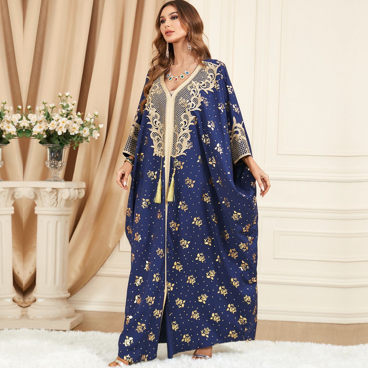 ng2510292 3470 Muslim Women's Clothing, Middle Eastern Cross-border Long-sleeve Patchwork Bat-sleeve Tassel Plus-size Dress, New_ecoleips.com