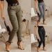 Women's Clothing Women's Mid-Waist Button Detail Trousers Style Solid Color Pockets Cuff Overalls For Formal & Casual_ecoleips.com