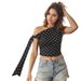Voya Women's New Exquisite Bow And Diagonal Shoulder Strap Design With Black And White Polka Dot Single Shoulder Short Crop Top_ecoleips.com