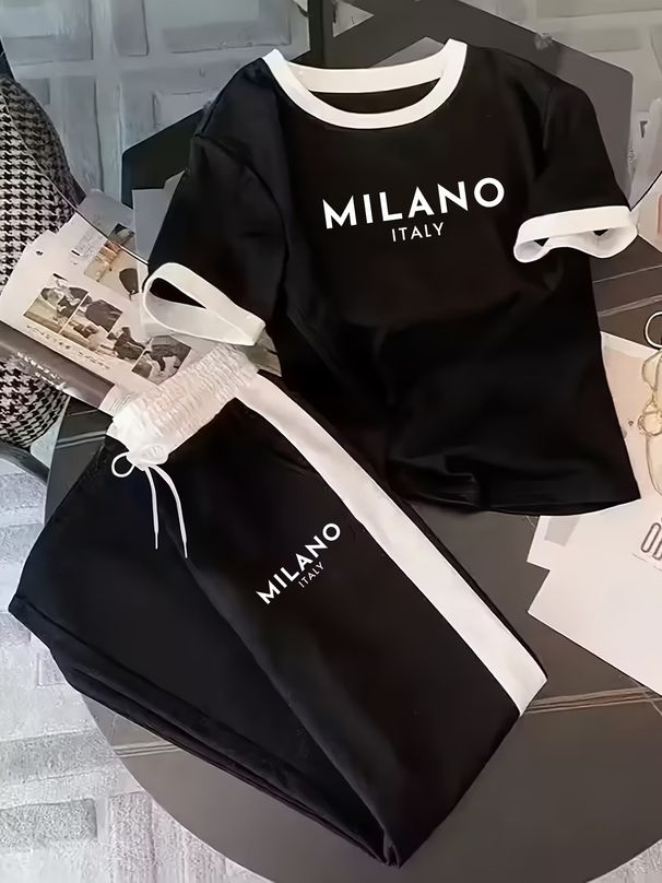 Women's Casual Summer Letter Print Two-Piece Set - Comfortable Short Sleeve T-Shirt & Matching Bottoms_ecoleips.com