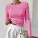 Solid Color Split Chest Long Sleeve Round Neck T-Shirt 2024 Spring Autumn European And American Cross-Border_ecoleips.com