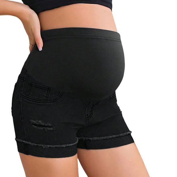 K New Minimalist, Fashionable, Casual High Waisted, Adjustable Belly Support, Perforated Denim Shorts For Pregnant Women_ecoleips.com