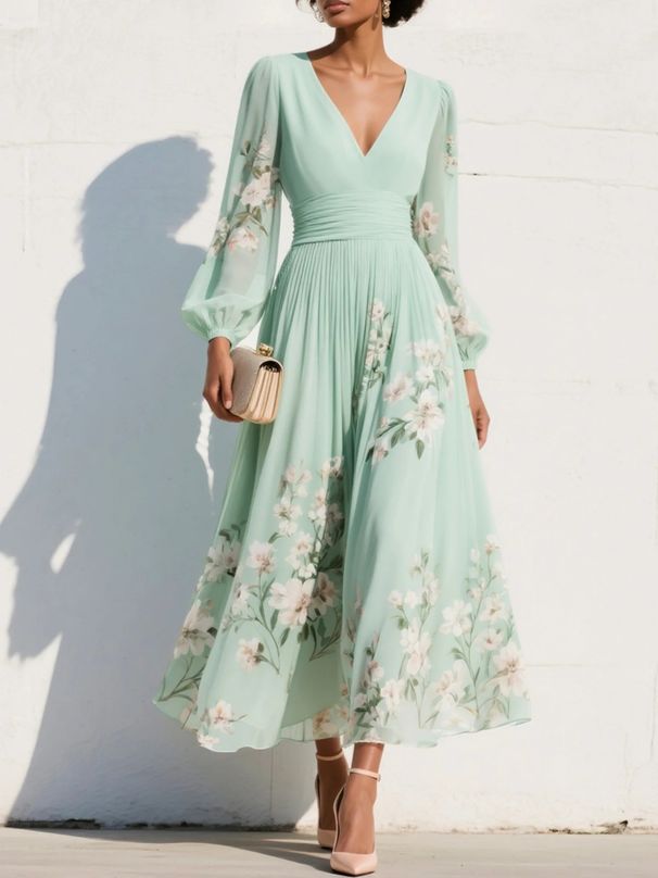 Women's Floral Print Dress V Neck Long Sleeve Pleated Women's Clothing_ecoleips.com