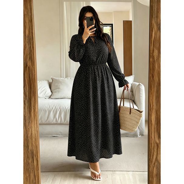 Large Size Women's Solid Color Polka Dot Dress V-neck Strap Waist Long Sleeve Fat Mm Gentle Wind Long Dress_ecoleips.com