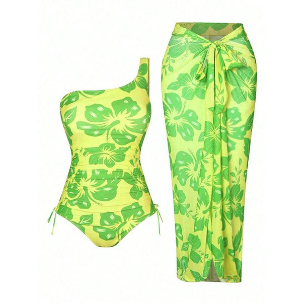 Modest One-Piece Swimsuit With Cover-Up Skirt - Floral Print Plus Size Bathing Suit For Women, Long Sleeve Beachwear (Rose Red/Green, 0XL-4XL)_ecoleips.com