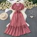 Women's French Style Sophisticated Layered Ruffle Sleeve V Neck Dress Summer Slimming Sweet Long Dress Pleated Waist_ecoleips.com