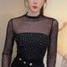 Fashionable Slim Fit Long Sleeve Mesh T-Shirt Half High Collar Shiny Sequins Women's Korean Style Elasticity New Arrival_ecoleips.com