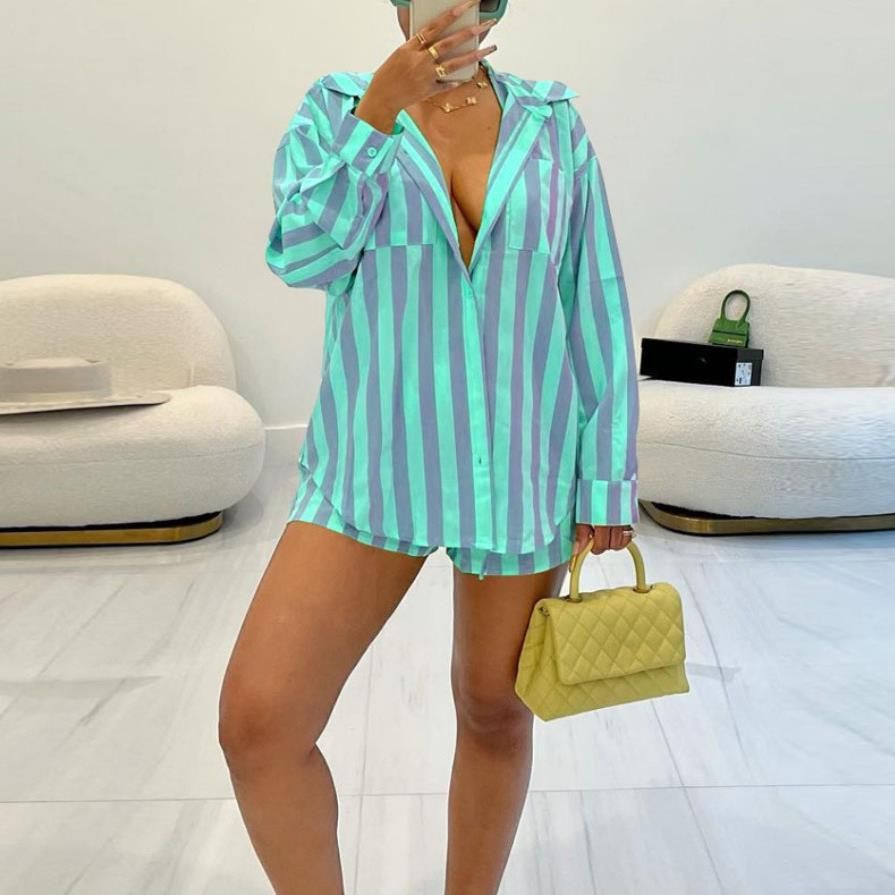 Women's Clothing Shorts Shirt Fashion Vertical Stripes Two Piece Suit_ecoleips.com