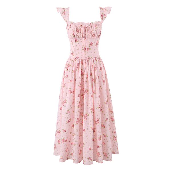 European And American House Style Sweet Pastoral Floral Long Dress for Women with Tie Waist French Retro Design_ecoleips.com
