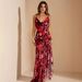 Fashion Women's Sleeveless V-Neck Printed Dress Sexy Waist Cinching Pleated Long Skirt Summer New_ecoleips.com