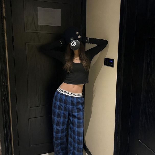 PS American Retro Plaid Casual Pants For Women, Early Autumn, Letter Belt, Straight Wide-leg Pants, Loose And Drapey,_ecoleips.com