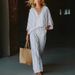 Summer Women's Mid Sleeve Round Neck Top Print Striped Color Block Casual Straight Suit_ecoleips.com