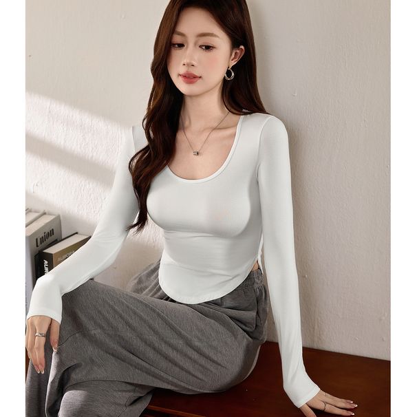 2025 Modal Cotton U-Neck T-Shirt Women's Long Sleeved 2025 Autumn Winter New Item, Tight And Sexy, Pure Desire Style, Inner_ecoleips.com