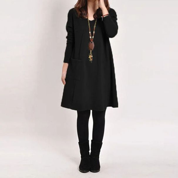 Dress Autumn And Winter Long Sleeve Pocket Solid Color Collar Casual Loose Dress Women's Vest_ecoleips.com