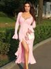 Mozision Flare Long Sleeve Ruffle Sexy Maxi Dress Women Autumn Pink V Neck Single-breasted High Waist Club Long Dresses Female_ecoleips.com