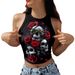 Halloween 's Top, New European And American Style, Skull Digital Print, Sleeveless Off-shoulder Short Tank Top For_ecoleips.com
