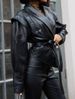 Aria Basics 2025 Autumn European American Cross-Border New Fashionable And Elegant Lapel Collar Belted Long-Sleeve Leather Jacket_ecoleips.com