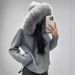 Women's Knit Cardigan With Hood & Faux Fur Trim, Oversized Long Sleeve Zip-Up Sweater, Cozy Winter Loungewear_ecoleips.com