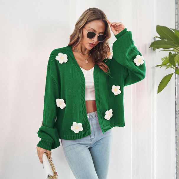Aria Basics Aria Basics Heavy-duty Three-dimensional Embroidered Floral Lantern Sleeve Loose Knit Cardigan For Women, Autumn Winter, European_ecoleips.com