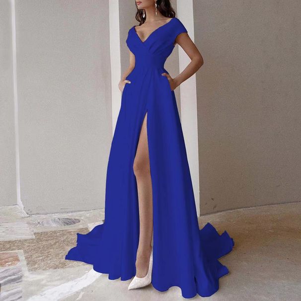 Women's Clothing Chest Wrap Style Ruffled Solid Color Slit Mid Waist Solid Color Temperament Commuter Long Dress_ecoleips.com