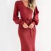 Women's Clothing Elegant Winter Knit Dress With Deep V-Neck & 3D Pattern - Slim Fit Long Sleeve High Waist Dress For Women (Deep Red/Bright Pink)_ecoleips.com