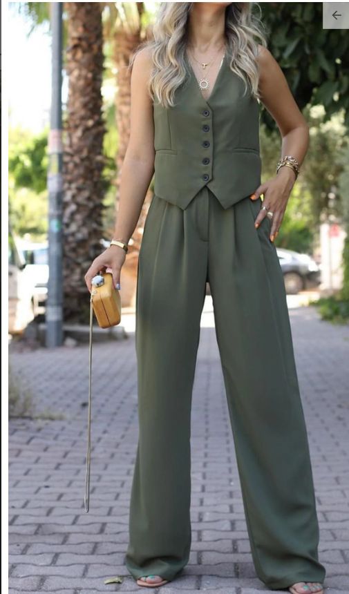 European And American Women's Pant Sets Two Piece 2025 Spring New V-neck Sleeveless Vest Tank Top + Drape Wide-leg Trousers Casual Suit Set OL_ecoleips.com