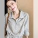 Korean-style Design Cotton-linen Drawstring Waist Striped Shirt Women, Simple Versatile, Elegant And Loose-fitting Top_ecoleips.com