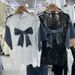Women's Style Hollowed Out Lace Patchwork Denim Bow Short Sleeve T-Shirt Loose Fashionable Top For Summer_ecoleips.com